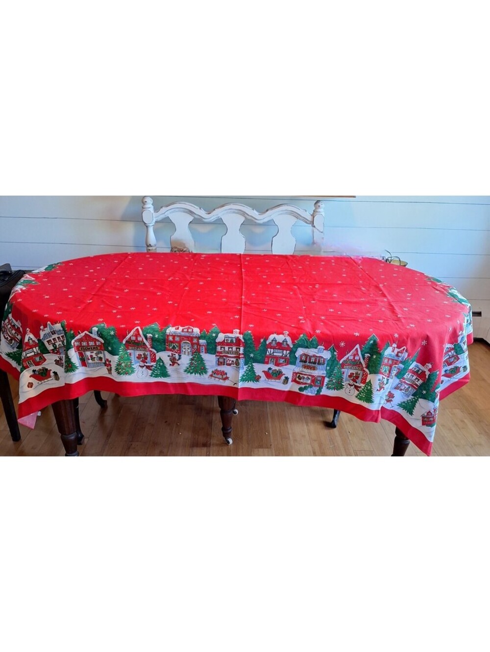 VTG Christmas Hometown Tablecloth Sunweave Linen 62"X 86" Rectangle From Brazil